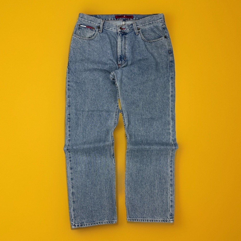 Vintage Tommy Hilfiger Jeans Men 33x30 Blue Flag Patch Embroiderd‎ Logo Y2K